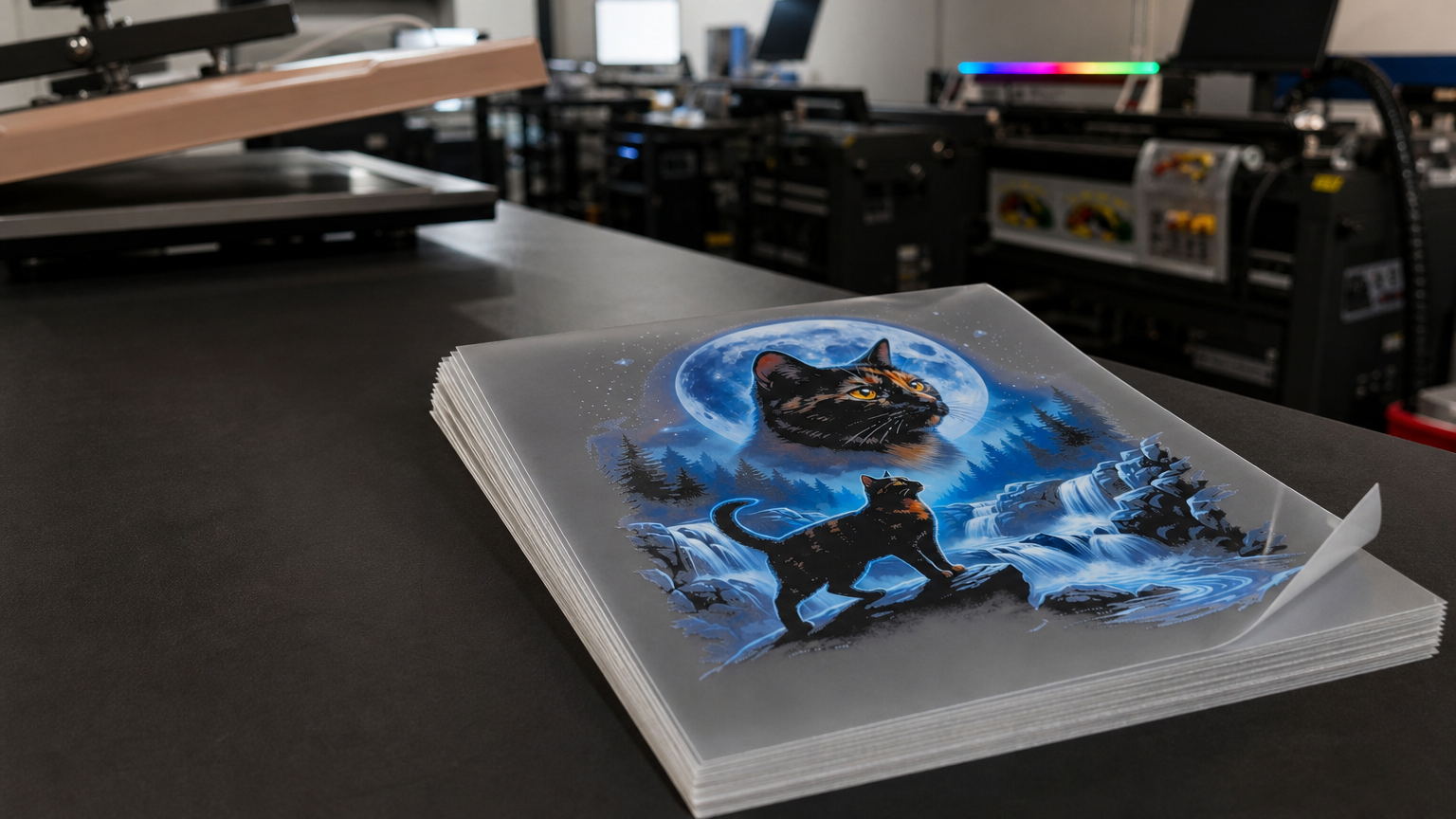 A prepared stack of printed AMS DTF carrier sheets